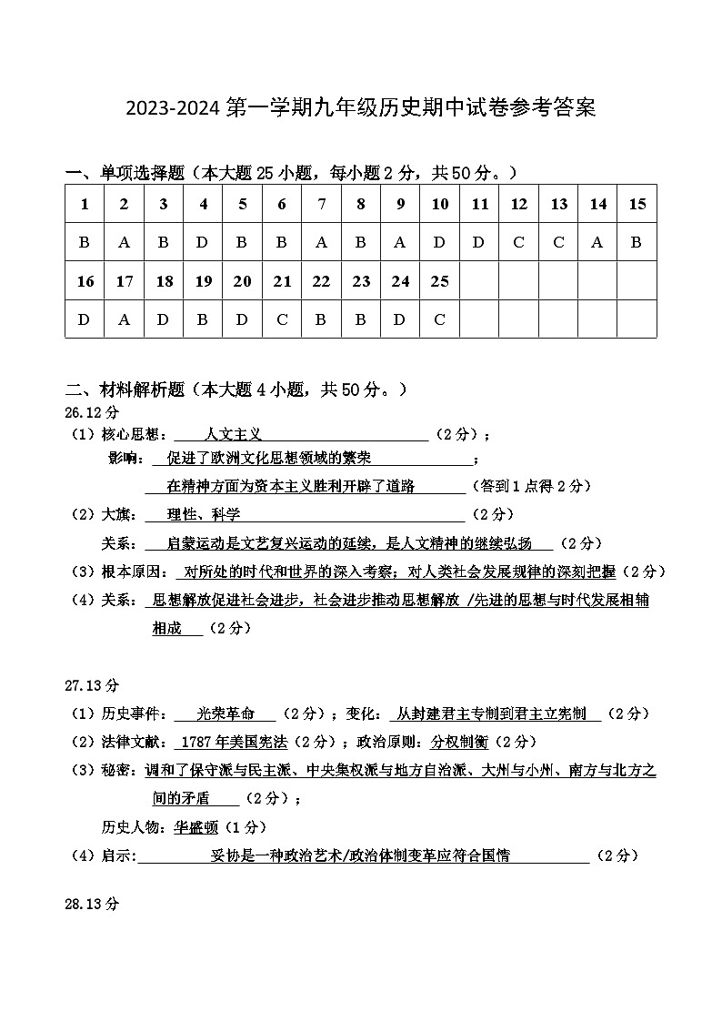 2023-2024第一学期九年级历史期中试卷参考答案第1页