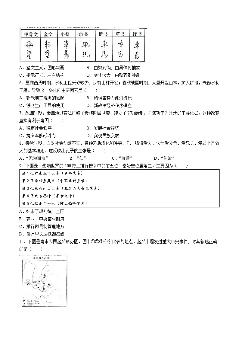 江西省抚州市东乡区2023-2024学年七年级上学期11月期中历史试题第2页