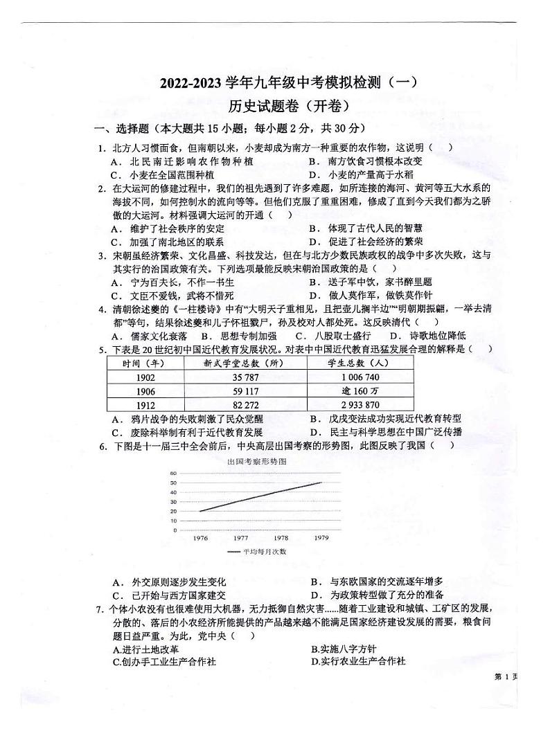2023年安徽省芜湖市无为市中考一模历史试题01