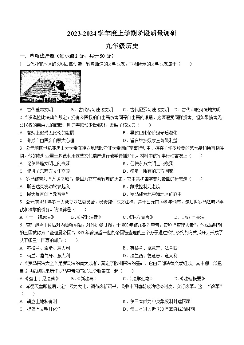 山东省临沂市兰陵县2023-2024学年九年级上学期期中历史试题01