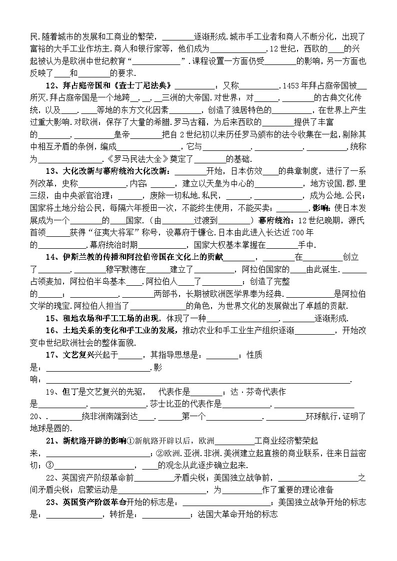 初中历史部编版九年级上册期末复习高频考点填空练习（共36条，附参考答案）02