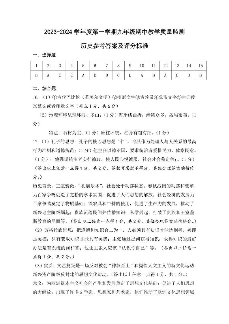 山西省大同市2023-2024学年九年级上学期11月期中历史试题（含答案）01