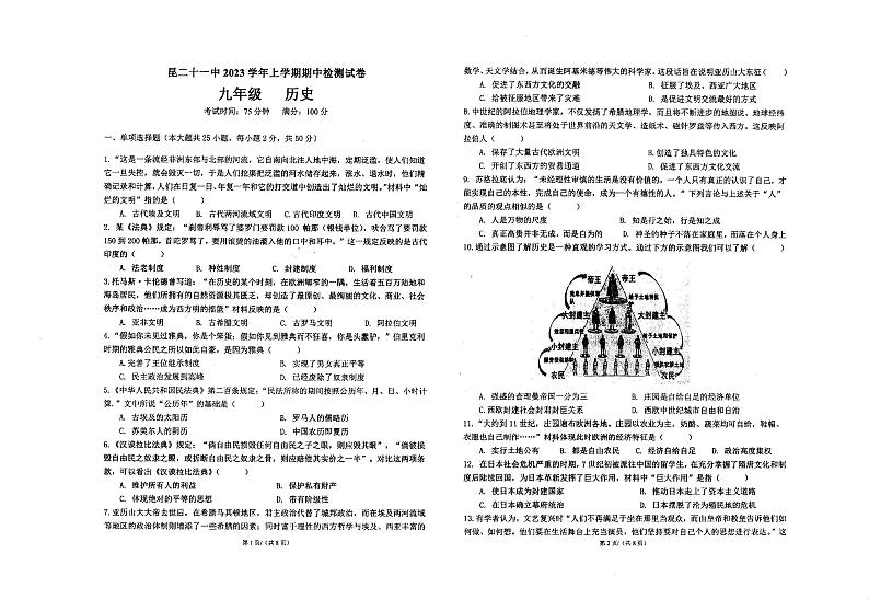 云南省昆明市第二十一中学2023-2024学年九年级上学期期中历史试题01