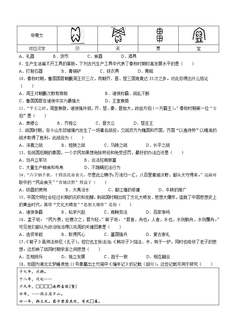 山东省临沂市高新区2023-2024学年七年级上学期期中历史试题（含答案）02