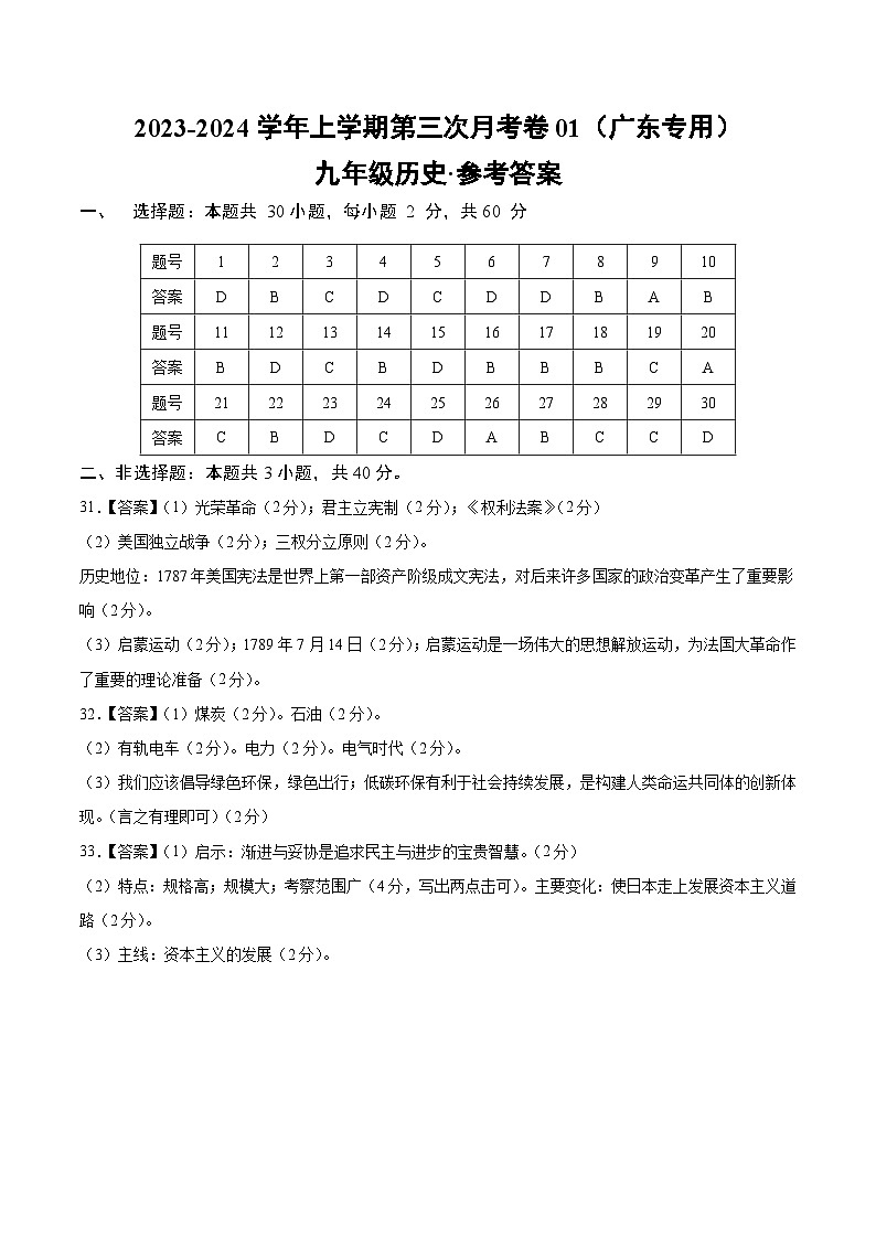 九年级历史第三次月考卷01（广东专用，九上+九下第1-10课）-2023-2024学年初中上学期第三次月考01