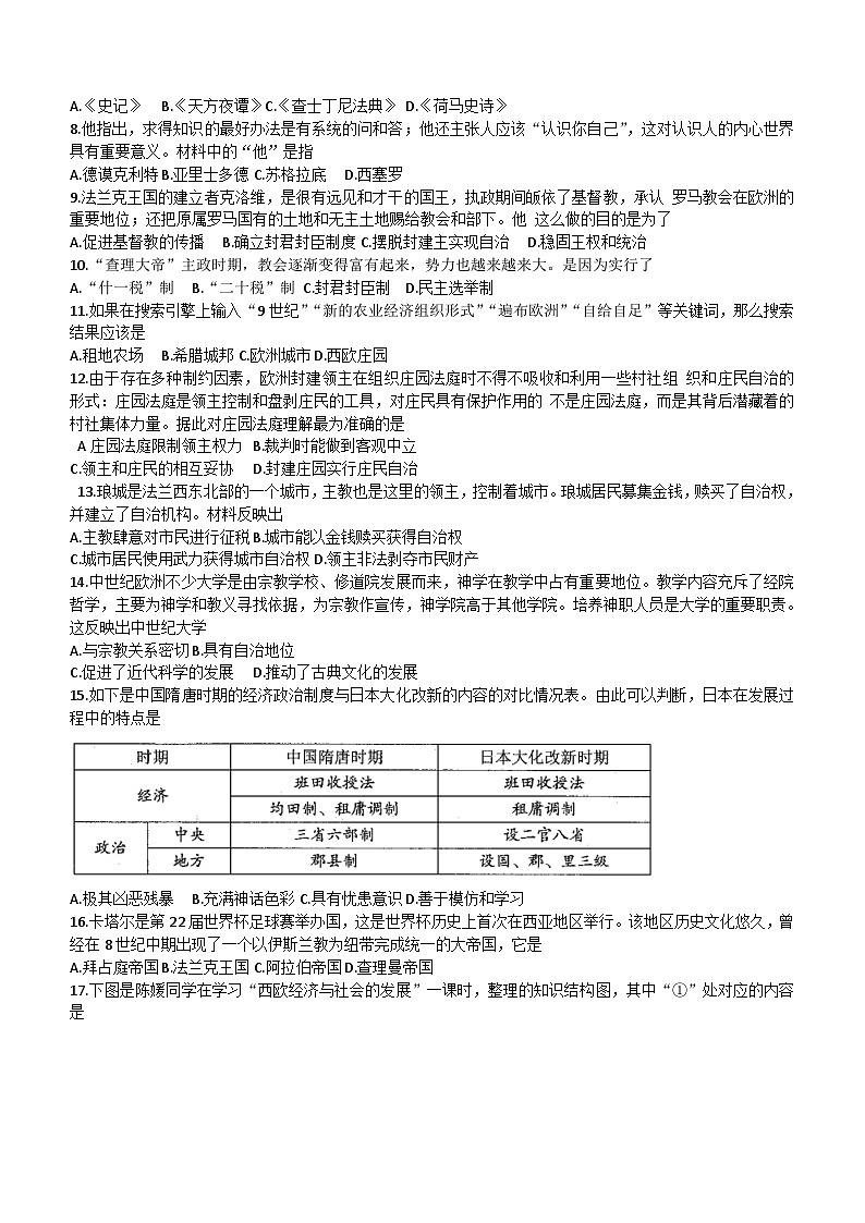 云南省昆明市禄劝彝族苗族自治县重点中学2023—2024学年部编版九年级历史上学期期中检测试题（含答案）02