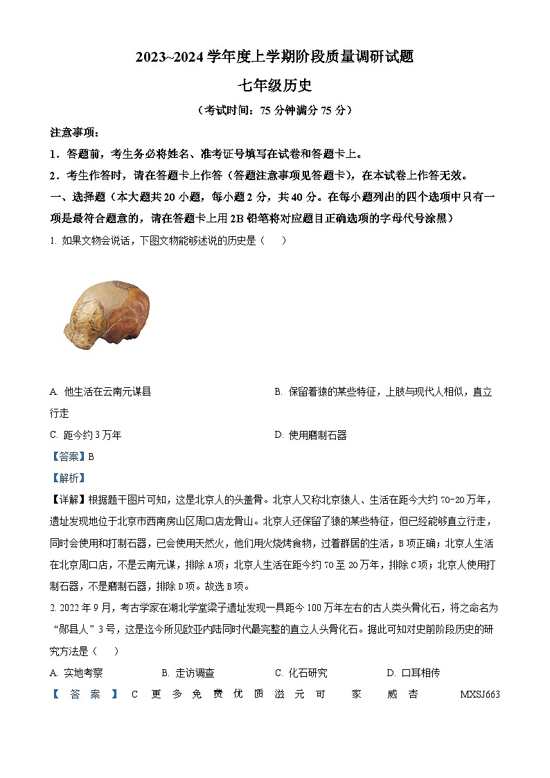 广西壮族自治区百色市2023-2024学年七年级上学期期中历史试题（解析版）01