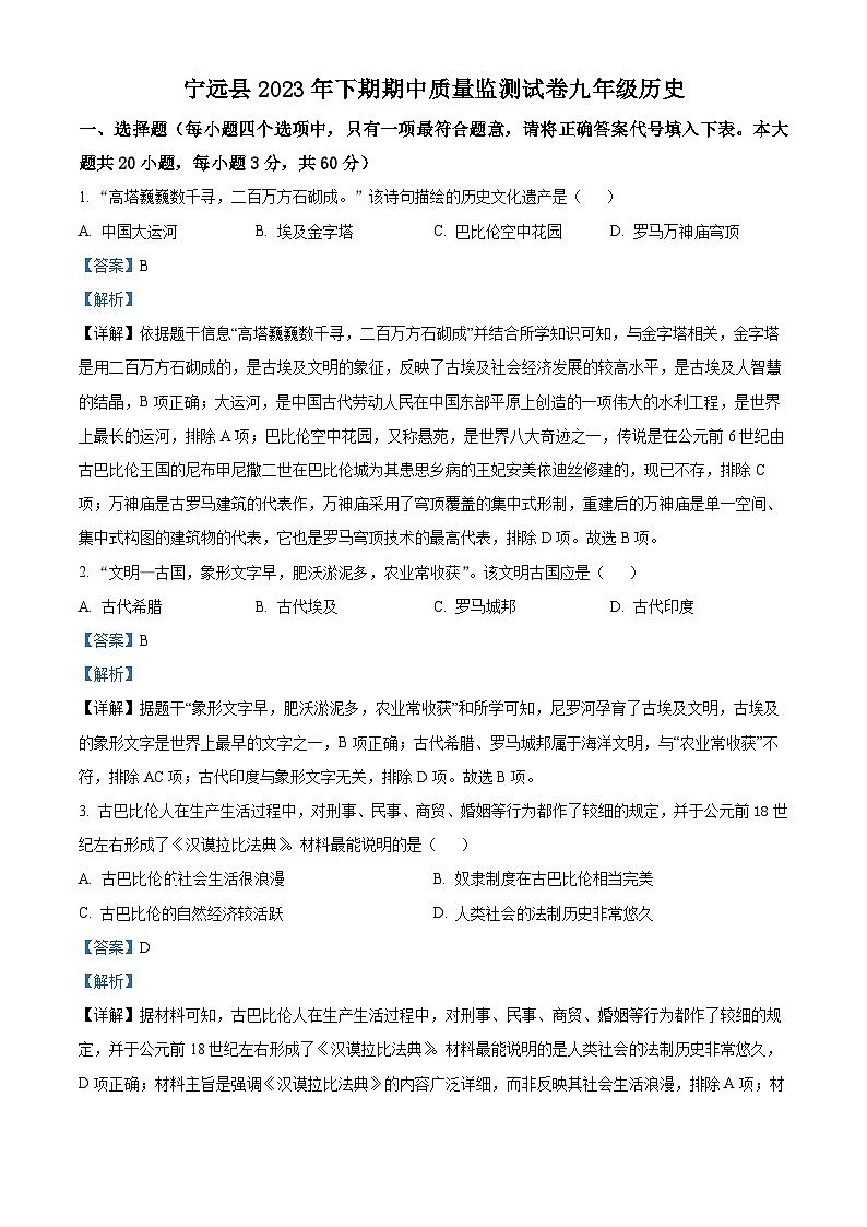湖南省永州市宁远县2023-2024学年九年级上学期期中历史试题（解析版）第1页