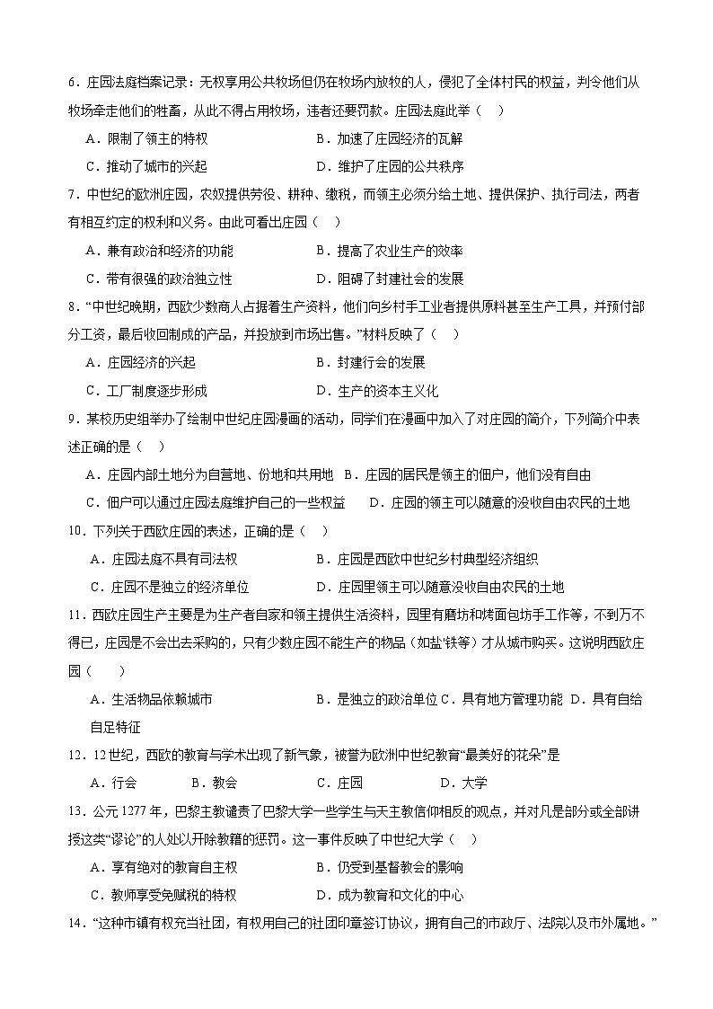 2023-2024学年部编版历史九年级上册单元综合复习题 第三单元 封建时代的欧洲（含解析）（江苏地区适用）第2页