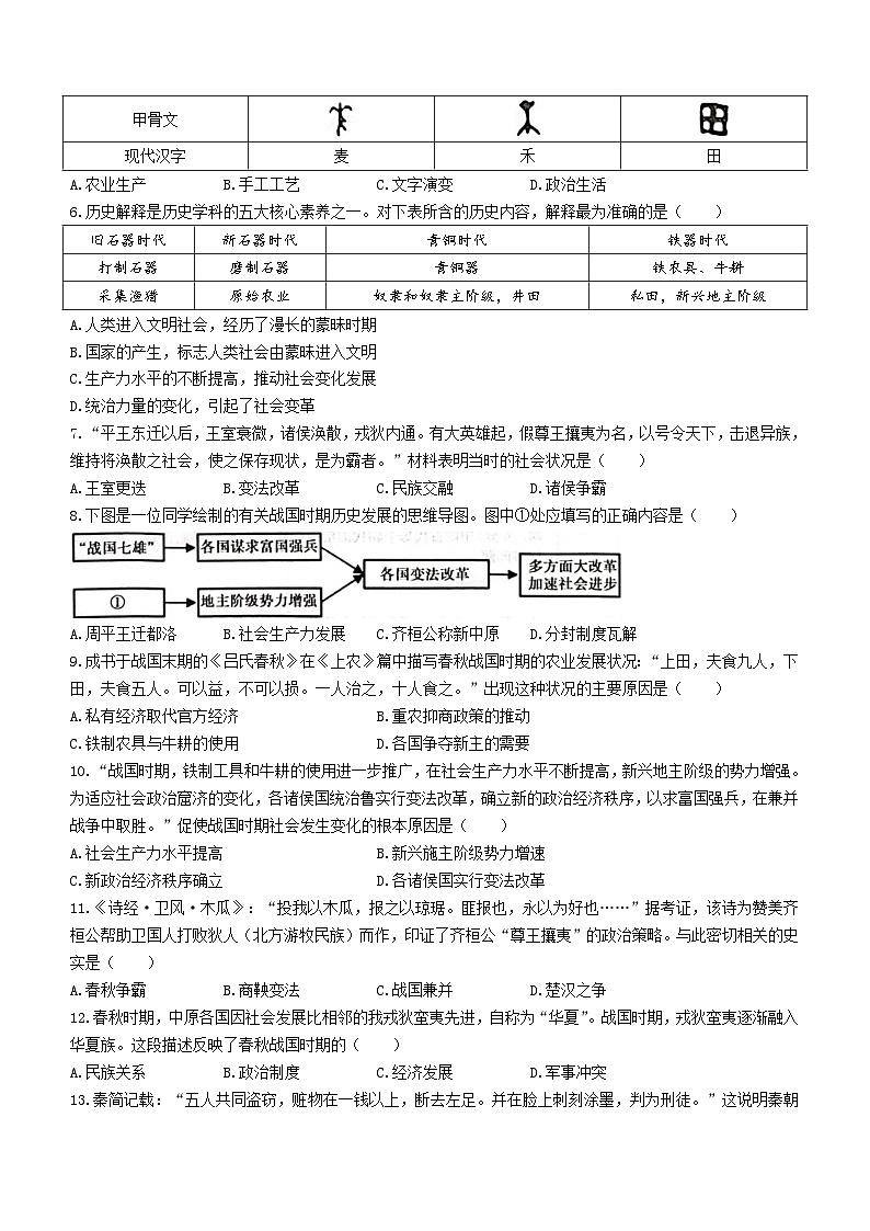 河南省漯河市舞阳县2023-2024学年部编版七年级上学期期中考试历史试题02
