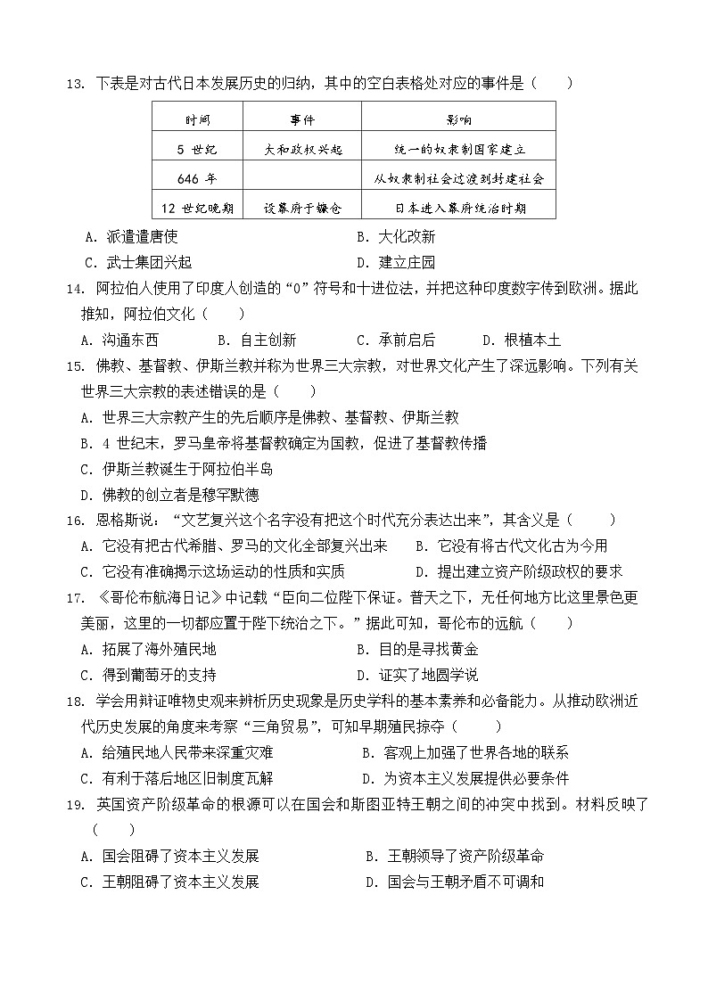 福建省平潭县重点学校2023-2024学年九年级上学期期中历史试卷（含答案）第3页