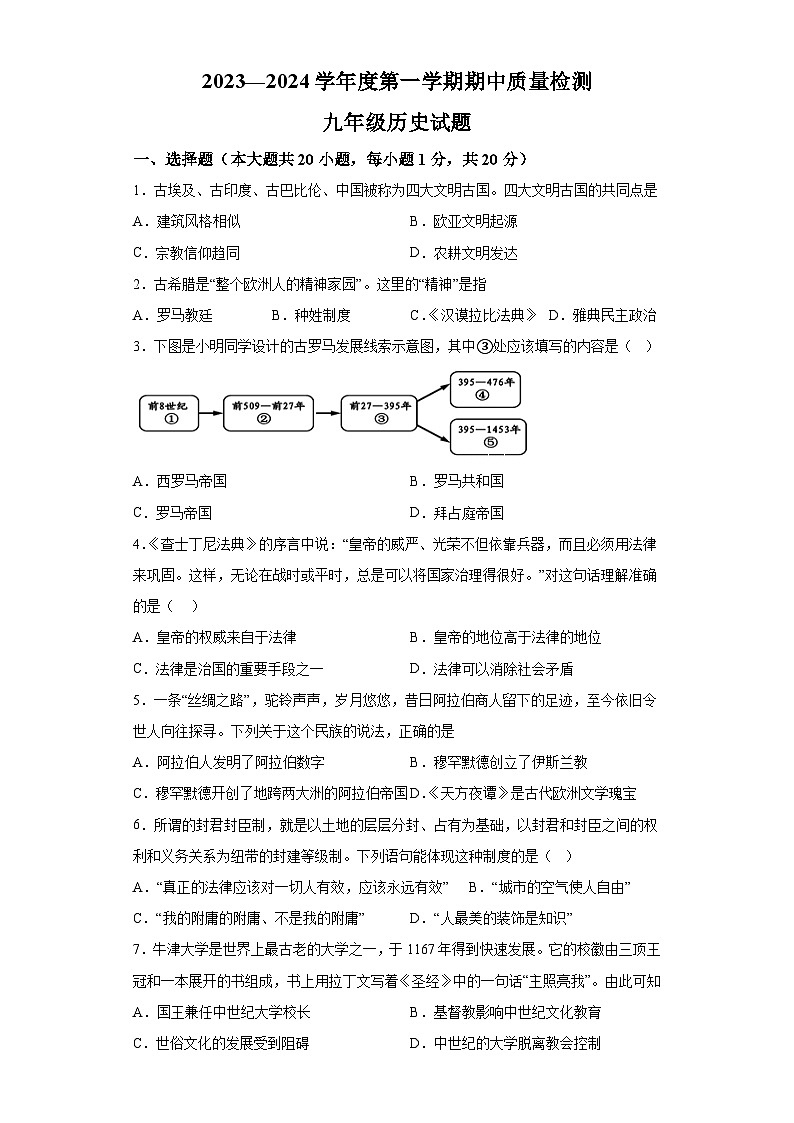 山东省菏泽市单县2023-2024学年九年级上学期11月期中历史试题（含解析）01