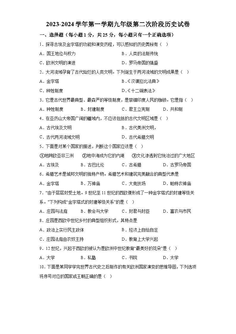 吉林省长春市重点中学2023-2024学年九年级上学期第二阶段期中历史试题(含解析)01