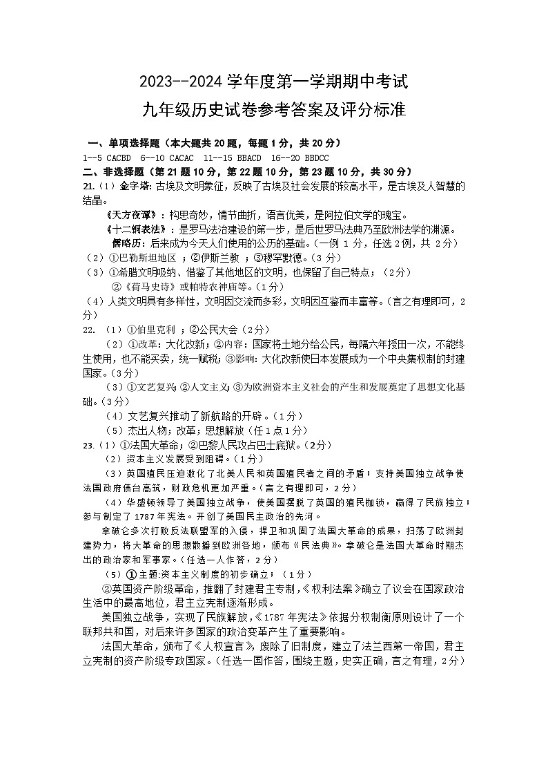 2023年春学期期中考试综合Ⅱ（历史）试卷参考答案及评分标准第1页