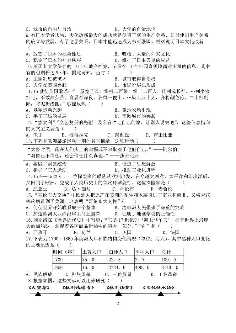 扬州市树人学校2023-2024学年九年级第一学期期中考试历史试卷第2页
