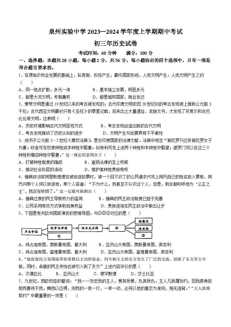 福建省泉州市实验中学2023-2024学年部编版九年级上学期期中考试历史试题(无答案)第1页
