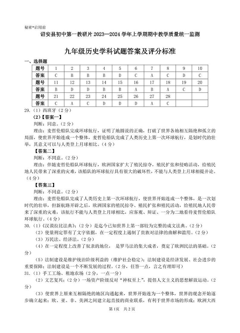 福建省漳州市诏安县初中第一教研片2023-2024学年部编版九年级上学期期中考试历史试题（含答案）01