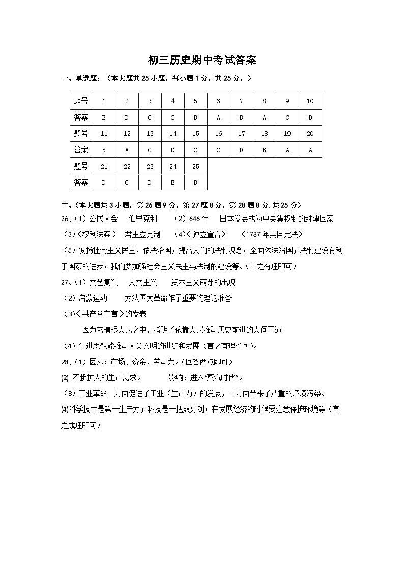 初三历史期中考试答案第1页