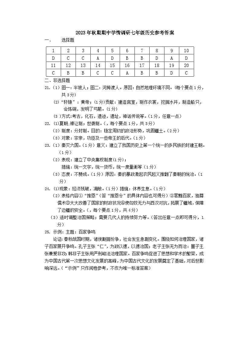 河南省南阳市桐柏县2023-2024学年七年级上学期11月期中历史试题（含答案）01