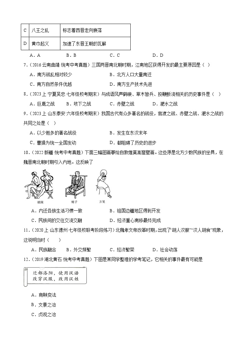 第四单元 三国两晋南北朝时期：政权分立与民族交融 综合复习题 2023－2024学年上学期部编版历史七年级上册（含解析）02