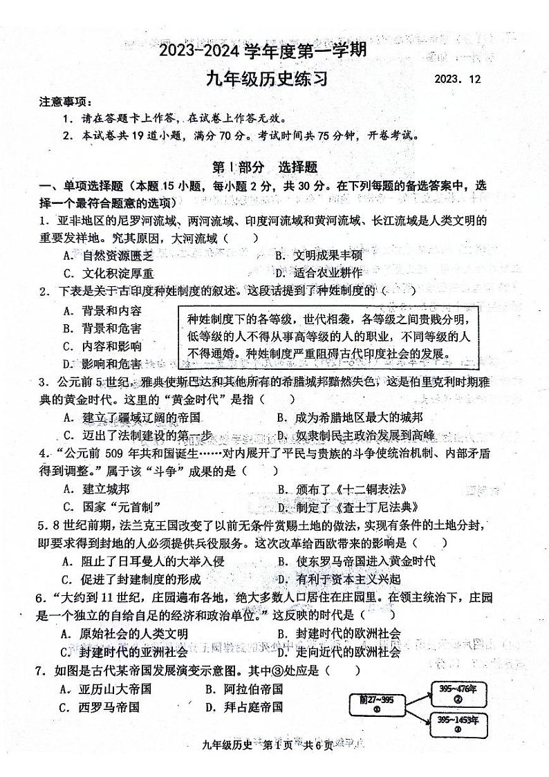 辽宁省大连市瓦房店市第三初级中学2023-2024学年九年级上学期12月月考历史试题01