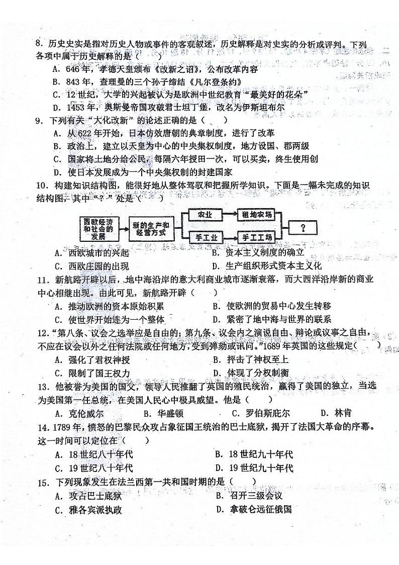 辽宁省大连市瓦房店市第三初级中学2023-2024学年九年级上学期12月月考历史试题02