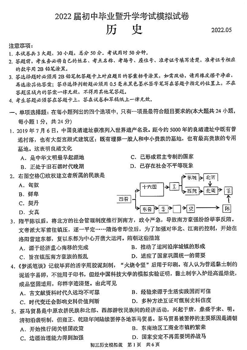 2022年苏州市高新区中考历史二模试题（扫描版无答案）01