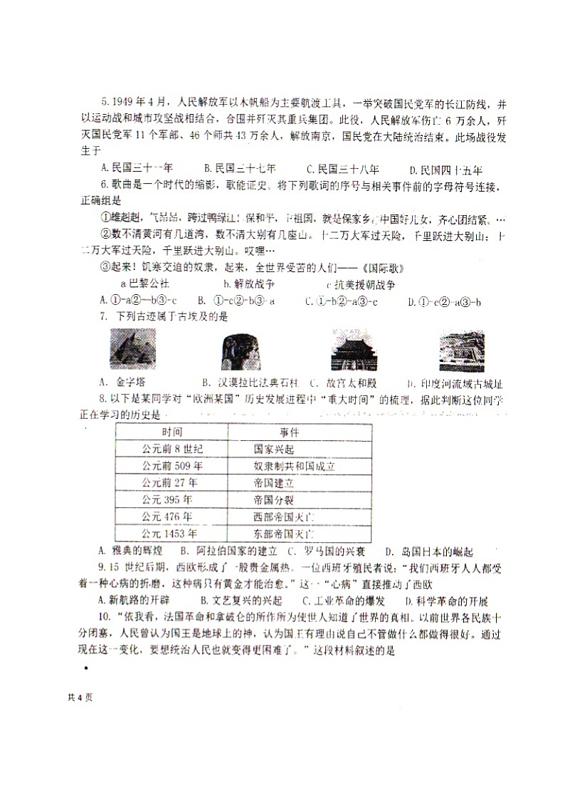2022年辽宁省沈阳市法库县中考模拟考试历史试题02