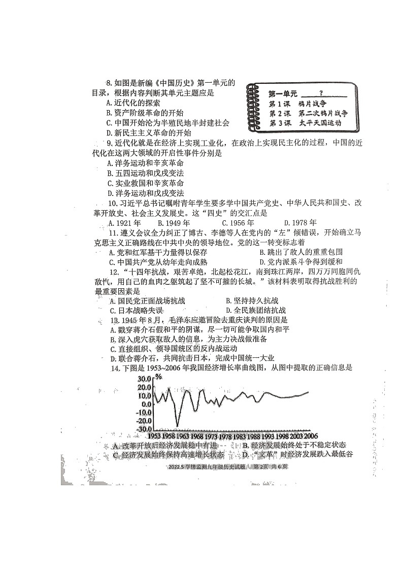 2022年山东省济宁市金乡县部编版九年级下学期历史中考三模试卷02