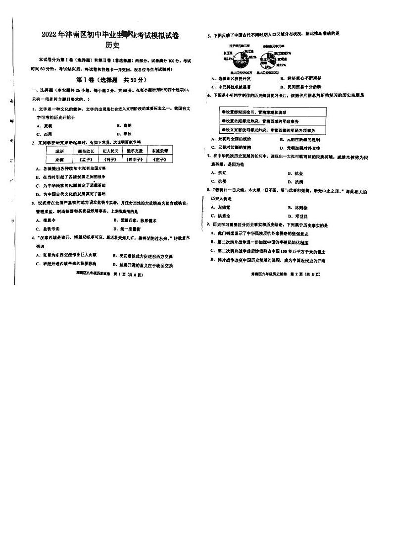 2022年天津市津南区初中毕业生学业考试模拟试题（图片版 无答案）01