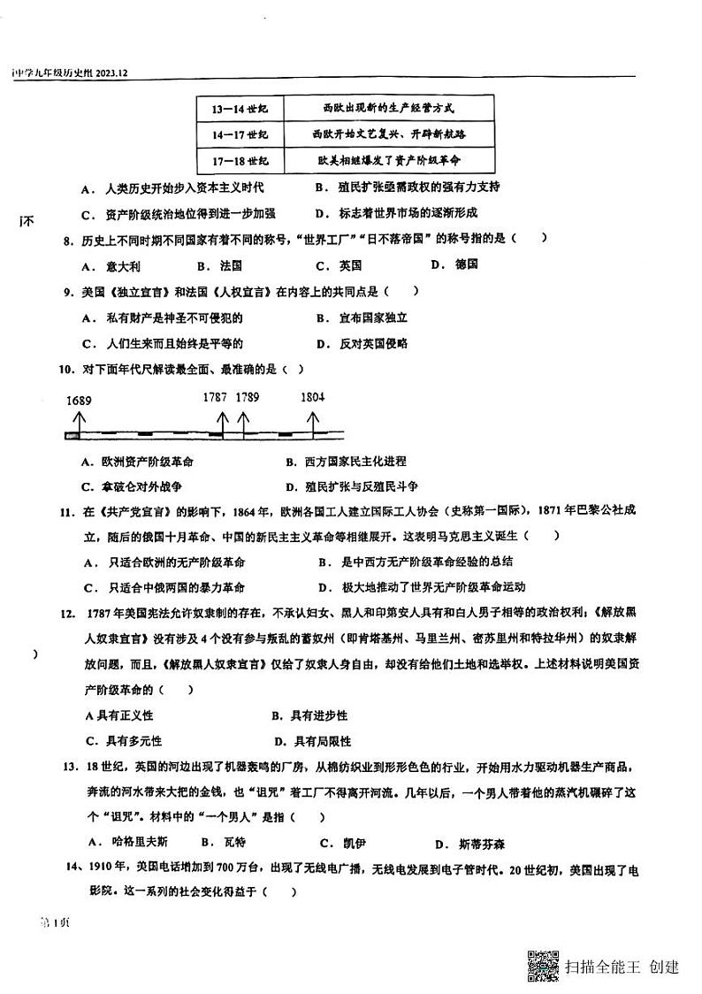 陕西省安康市高新中学，安康中学高新分校2023-2024学年九年级上学期12月月考历史试题（不含答案）第2页