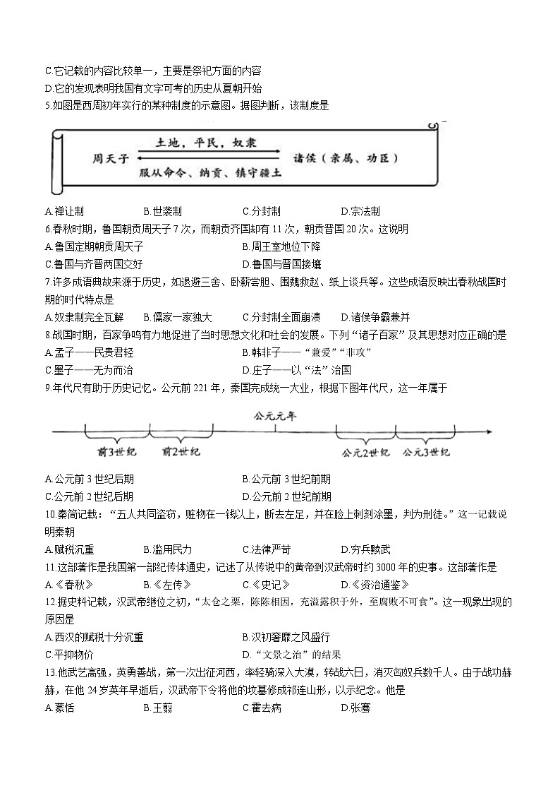 湖北省天门市2022-2023学年七年级上学期期末考试历史试题（含答案）02