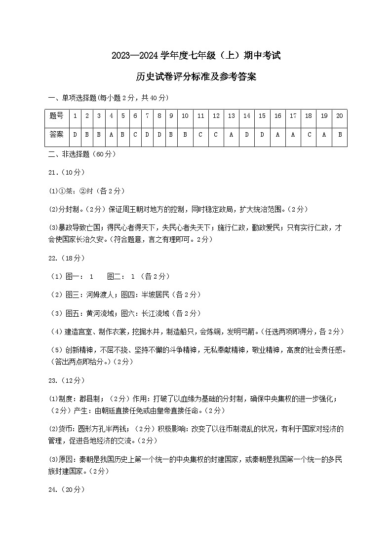 辽宁省锦州市太和区2023-2024学年七年级上学期期中阶段质量检测历史试题（Word版含答案）01