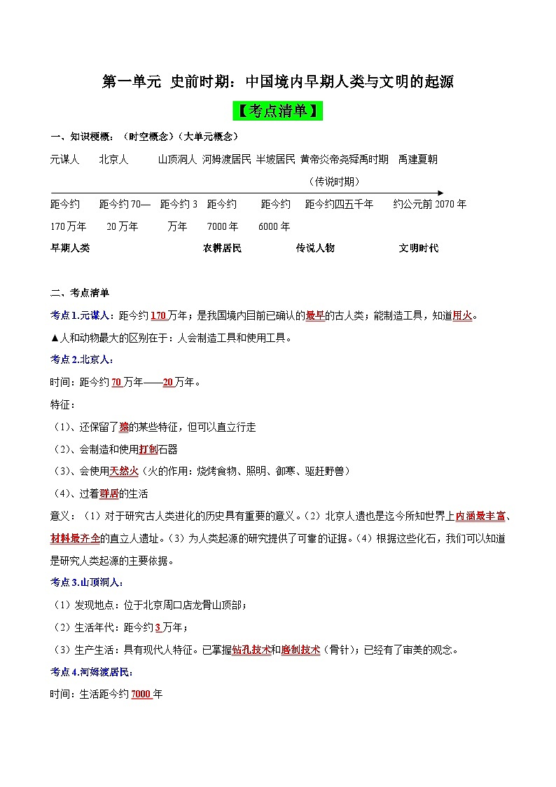 第一单元 史前时期：中国境内早期人类与文明的起源（考点清单）-2023-2024学年七年级历史上学期期末考点预测复习（部编版）01