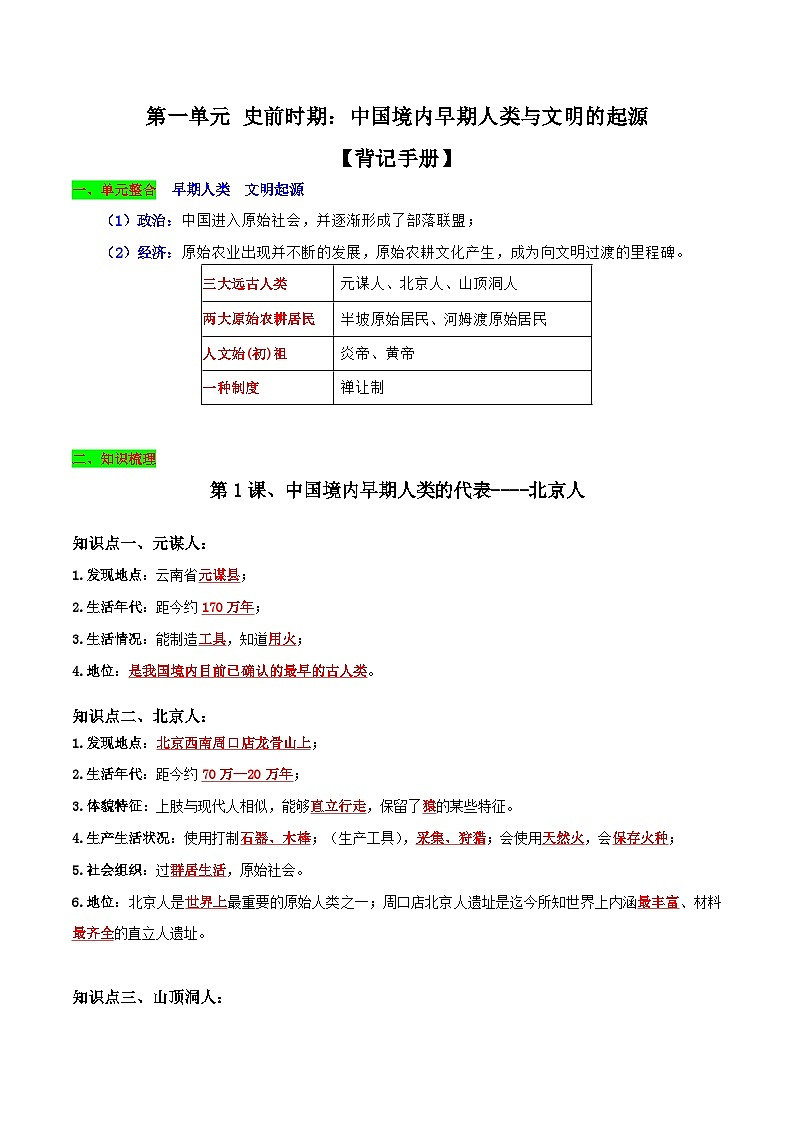 第一单元 史前时期：中国境内早期人类与文明的起源（背记手册）-2023-2024学年七年级历史上学期期末考点预测复习（部编版）第1页