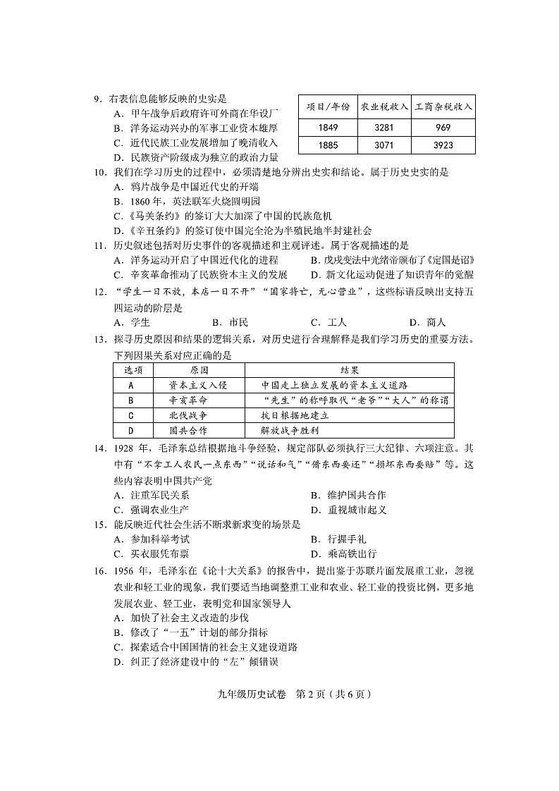 2022年天津市和平区九年级中考三模历史试题（PDF版无答案）第2页