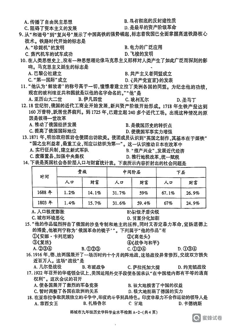 陕西省渭南市韩城市 2022-2023学年九年级上学期历史月考质量检测试题（图片版）第2页