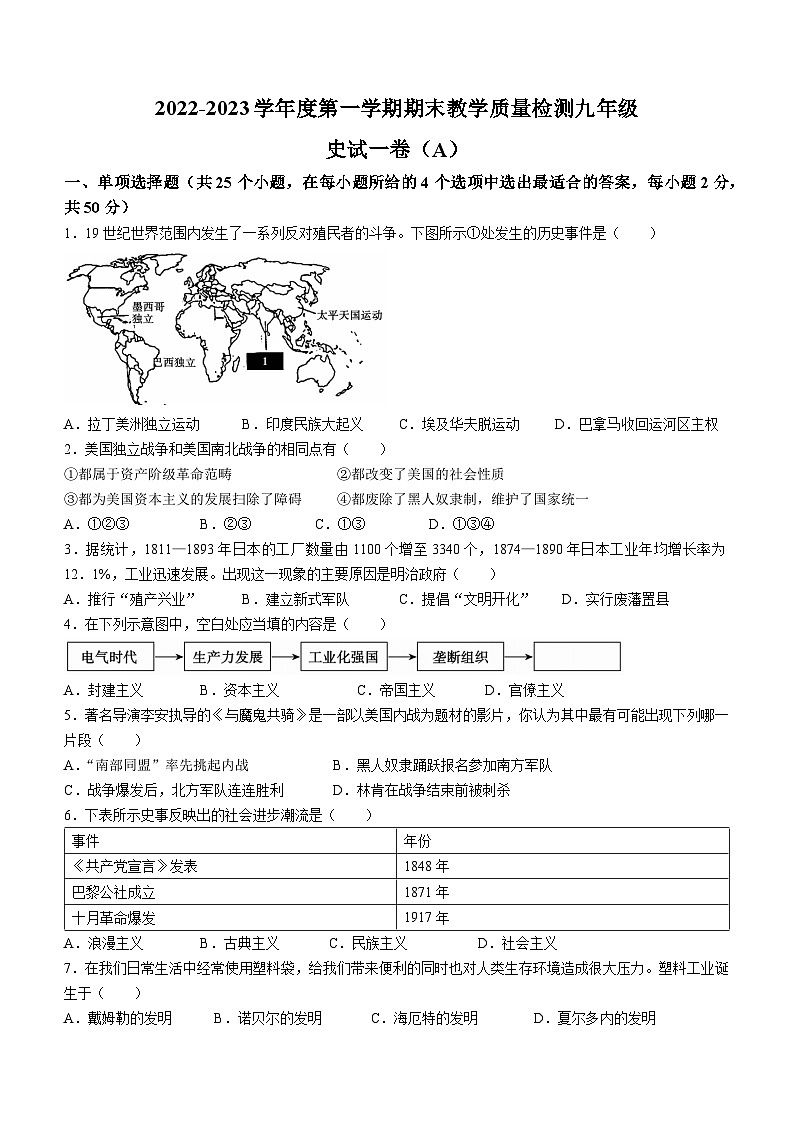 河北省石家庄市赞皇县2022-2023学年九年级上学期期末历史试题01