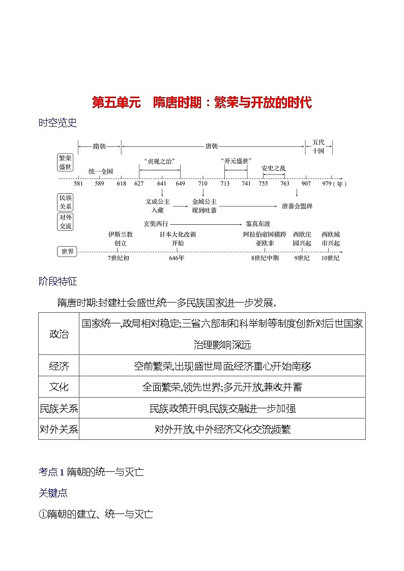 第五单元隋唐时期繁荣与开放的时代学案20232024初中历史复习