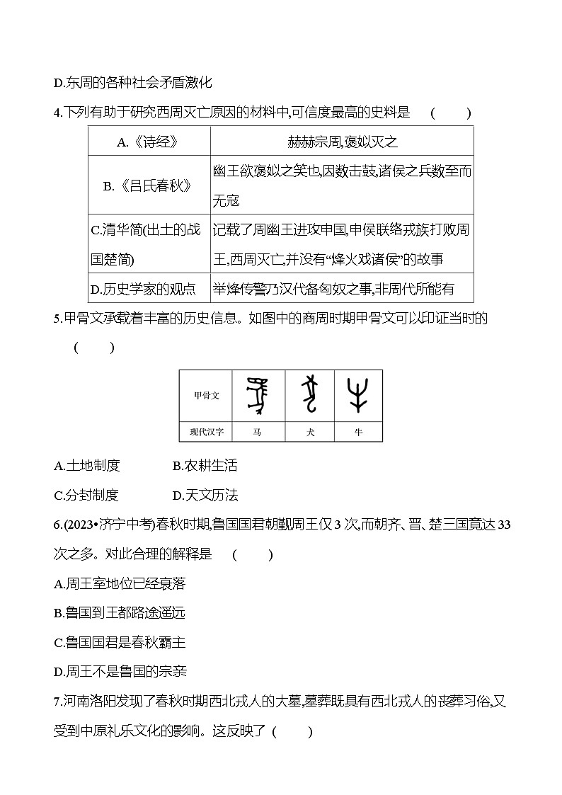 第二单元　夏商周时期：早期国家与社会变革 专题训练 2023-2024 初中历史复习02
