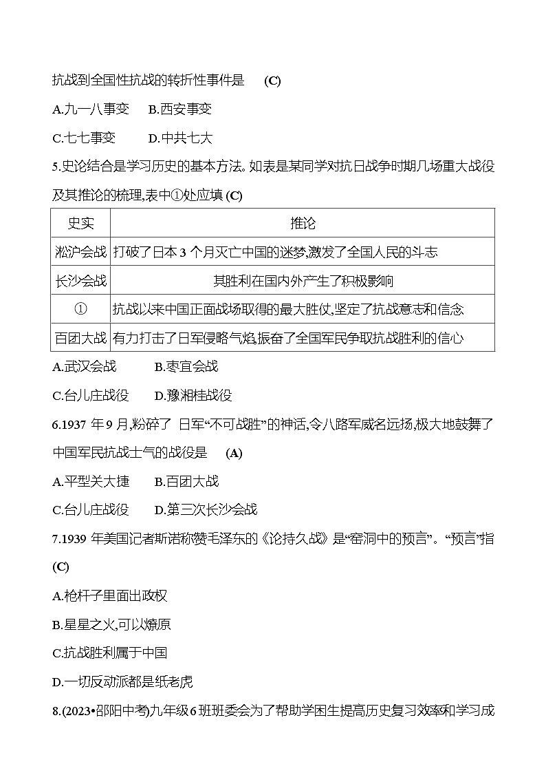第十三单元　中华民族的抗日战争 专题训练 2023-2024 初中历史复习02
