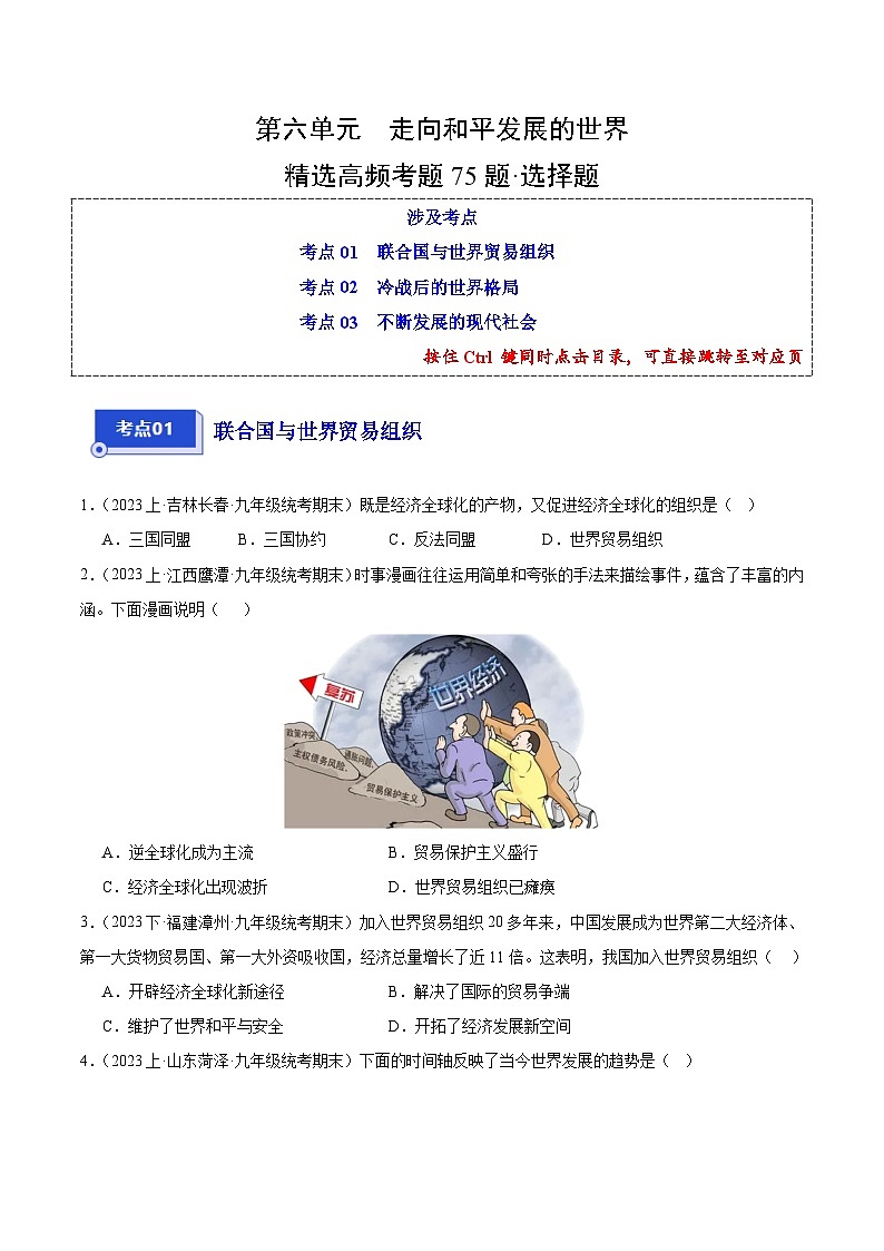第六单元 走向和平发展的世界（3大核心考点+75道高频选择题）-【备考期末】备战2023-2024学年九年级历史上学期期末真题分类汇编（部编版）01
