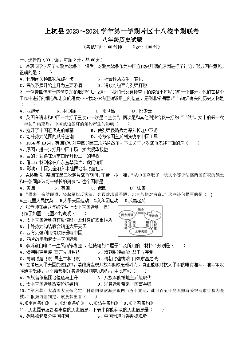 福建省龙岩市上杭县片区十八校2023-2024学年八年级上学期期中水平测试历史试题（含答案）第1页