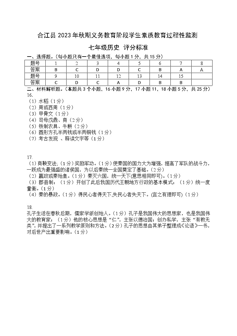 合江县2023年秋期义务教育阶段学生素质中期检测七年级历史评分标准第1页