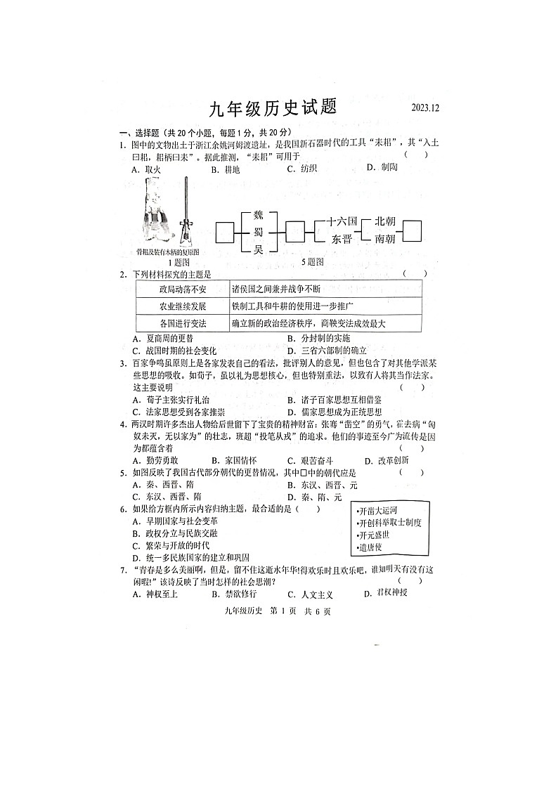 山东省菏泽市鲁西新区2023-2024学年九年级上学期12月月考历史试题第1页