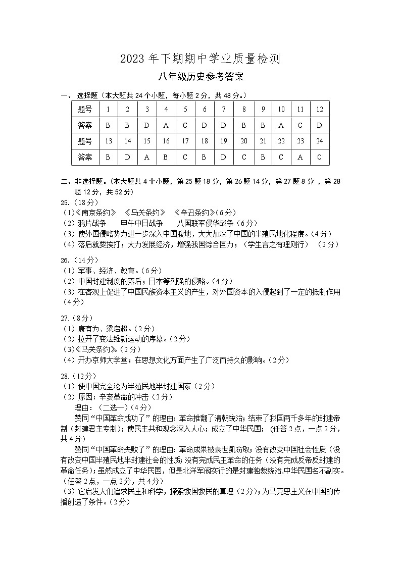 湖南省永州市江华县2023-2024学年八年级上学期期中考试历史试题（含答案）01