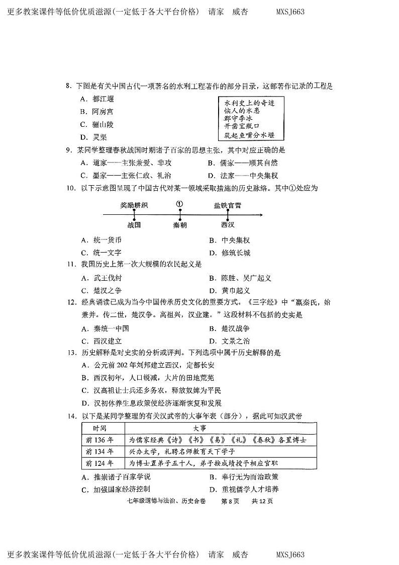 吉林省长春市九台区2023-2024学年上学期七年级历史期末试题第2页