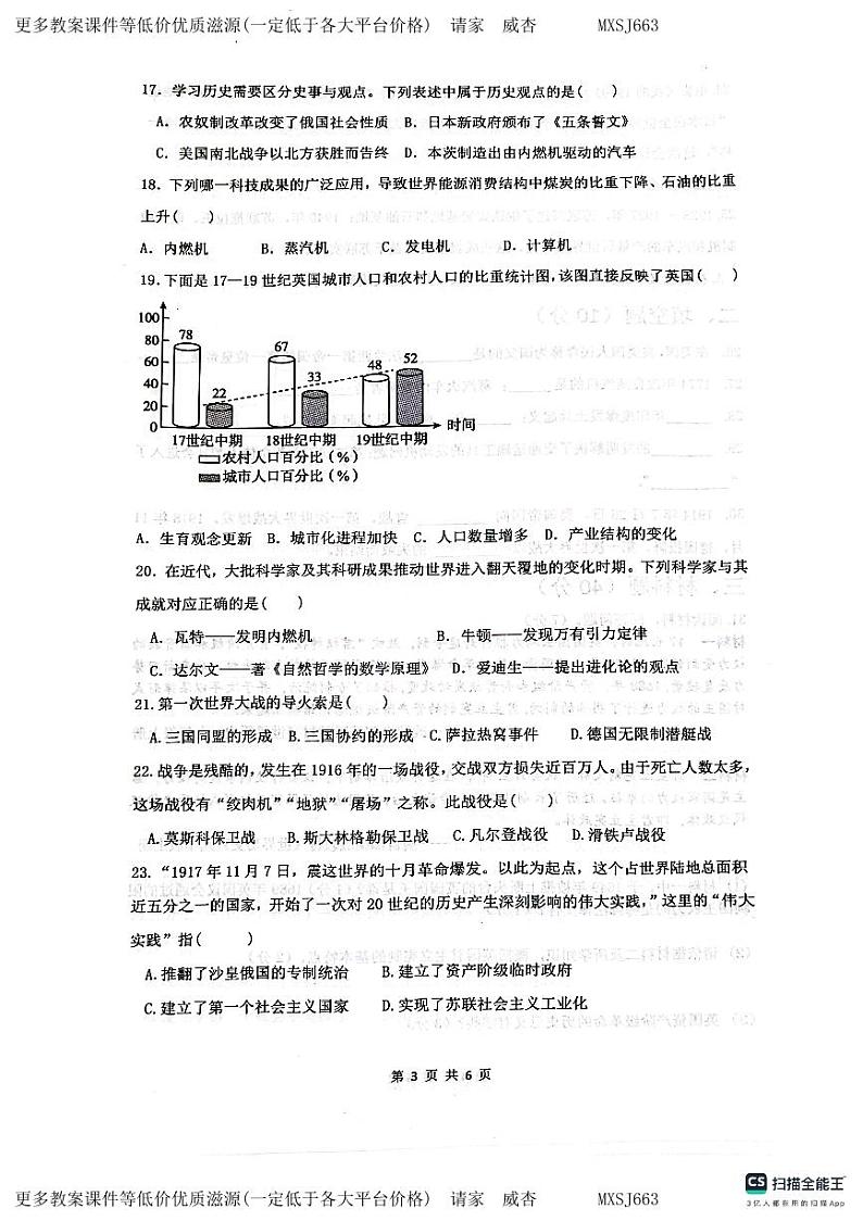 山东省临清市新华路街道办事处中学2023~2024学年九年级上学期12月月考历史试题第3页