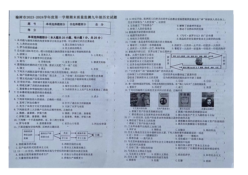 吉林省长春市榆树市2023-2024学年九年级上学期期末历史试题第1页