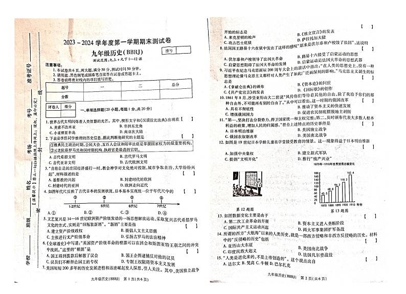 河南省漯河市临颍县2023-2024学年九年级上学期期末历史试卷01